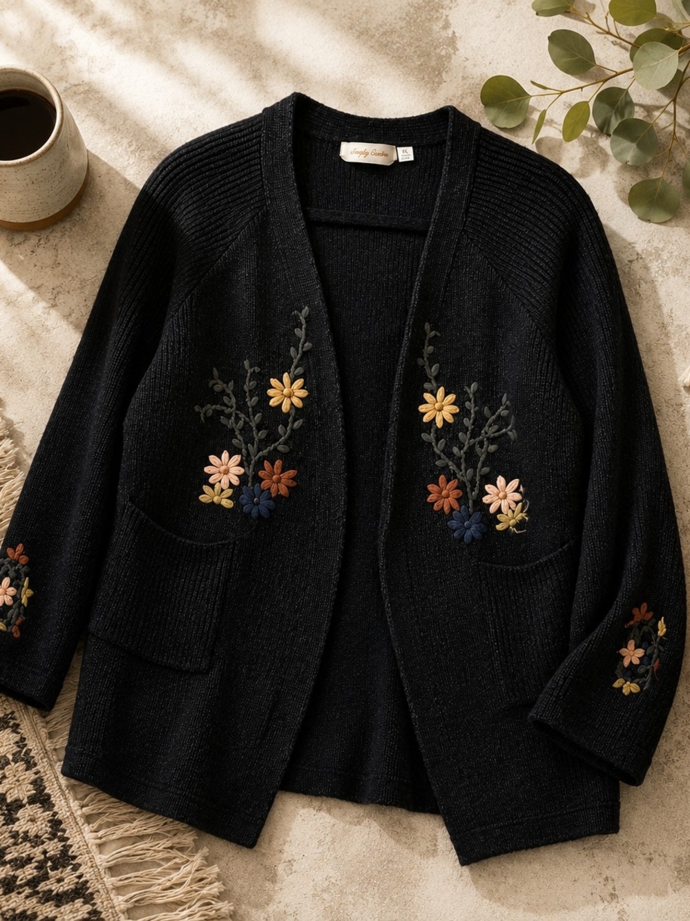 Simply Couture Floral Embroidered Cardigan Sweater Open Front Knit Pockets Ptp23 - Picture 1 of 8
